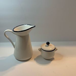 Ceramic Small Picture & Sugar Bowl w/ Lid White/Blue Trim Approximately 8x7& 3x4